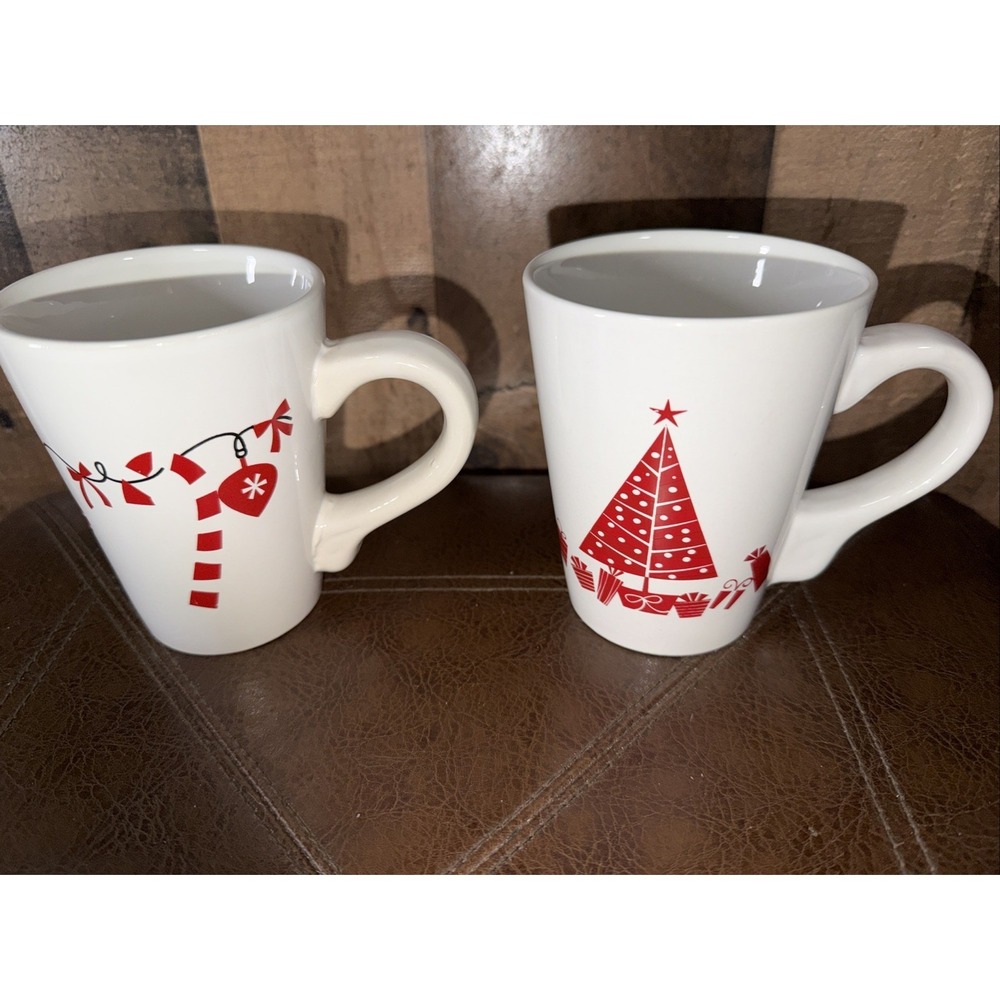 Two California Pantry Christmas Mugs Red Tree 2010 & Red Stockings Julie Scott